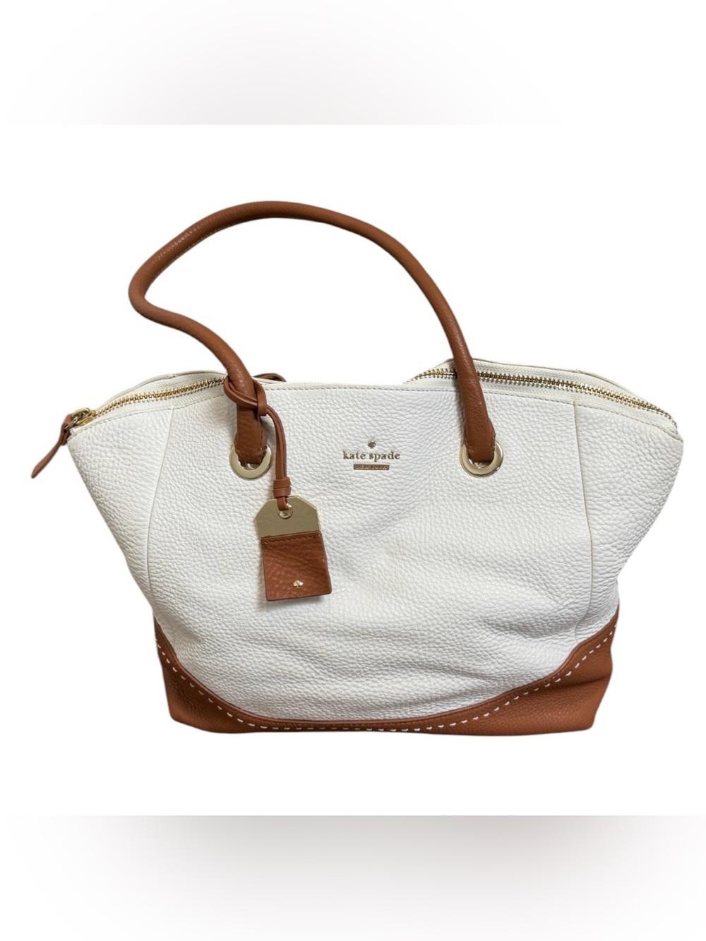 Kate Spade White Brown Pebbled Leather Large Tote Bag $300 Retail